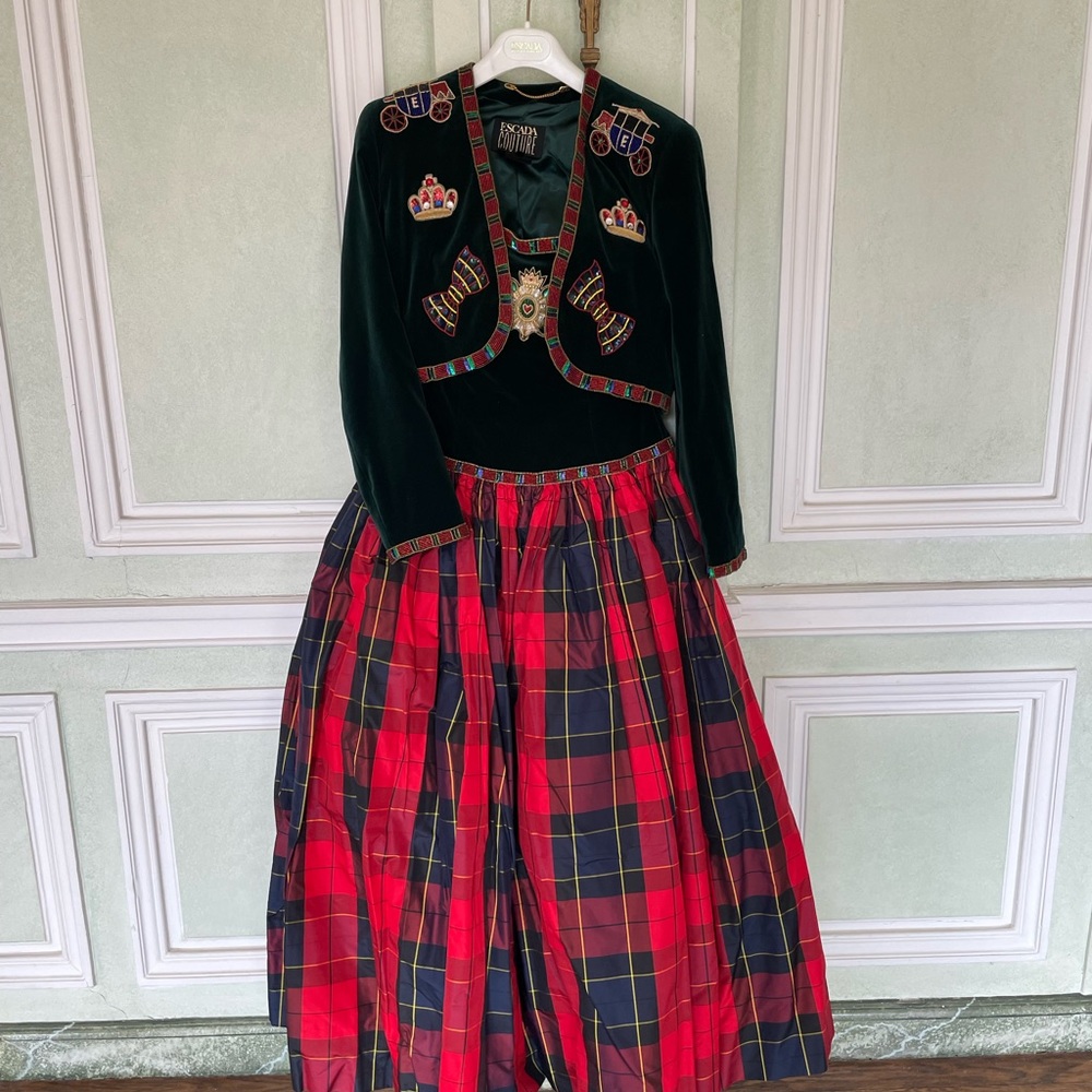 Rare Vintage ESCADA Couture Tartan/Velvet Gown with Jacket